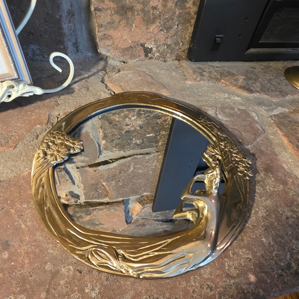 Gatco Vintage Art Nouveau Solid Brass Nymph Flower Round Mirror Vanity Tray 9.5" - Picture 11 of 11